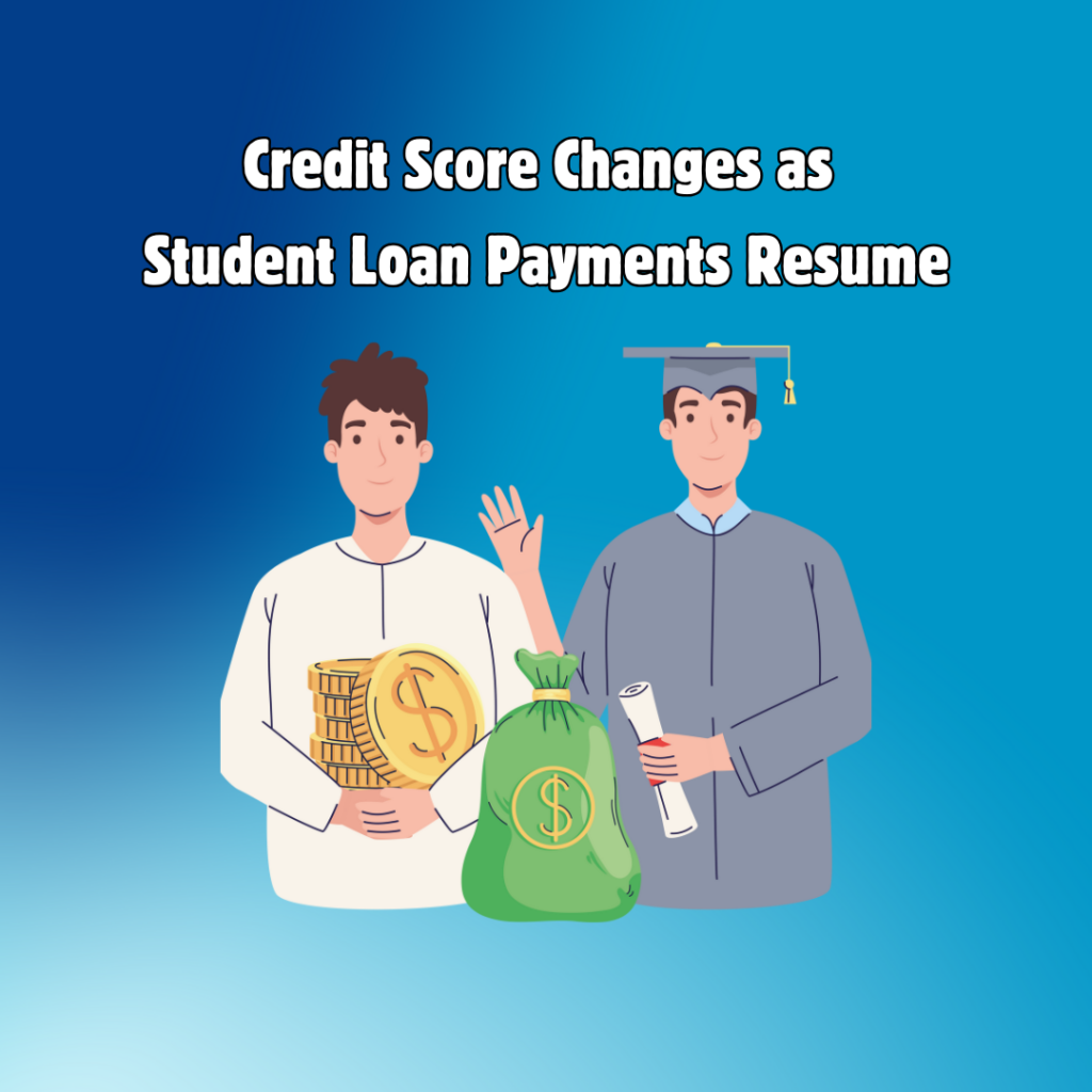 Two versions of a person: one holding large gold coins, the other in a graduation outfit holding a diploma symbolizing the connection between student loans and education.